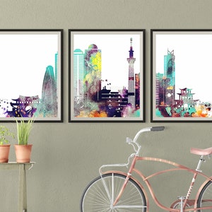 Tokyo City Set of 3 Skyline Prints Downtown Triptych Japan Print 3 pieces wall art Travel Gift Idea Wall Prints Art Office Decor