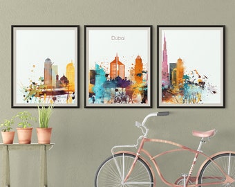 Dubai Skyline 3 pieces wall art Prints Downtown Triptych United Arab Emirates Print Travel Gift Idea Wall Prints Art Office Decor Set of 3