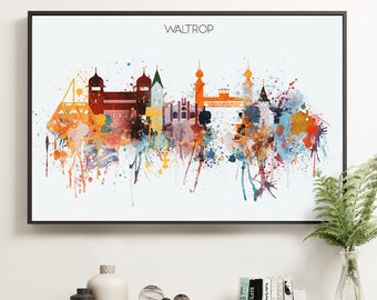 May include: A watercolor painting of the Waltrop skyline, featuring colorful buildings and a bridge. The painting is done in a splatter style, with splashes of color extending beyond the city skyline.