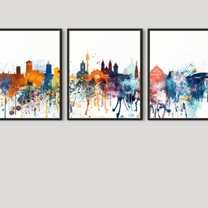 Nuremberg prints, Nürnberg 3 piec wall art, Triptych of Nuremberg  skyline, Set of 3 wall art, Travel Gift Idea Bavaria Prints Office Décor