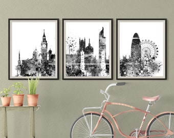 London Skyline 3 pieces Black White wall art Prints Downtown Triptych London Print  Travel Gift Idea Wall Prints Art Office Decor Set of 3