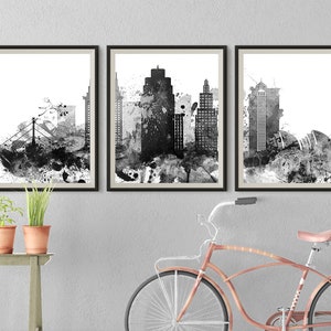 Kansas City Set of 3 prints Black White Missouri 3 pieces wall art triptych of Kansas City skyline Travel Gift Idea Prints Art Office Decor