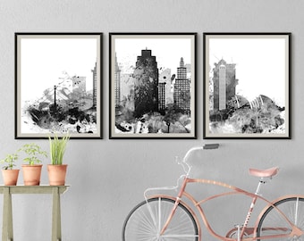 Kansas City Set of 3 prints Black White Missouri 3 pieces wall art triptych of Kansas City skyline Travel Gift Idea Prints Art Office Decor