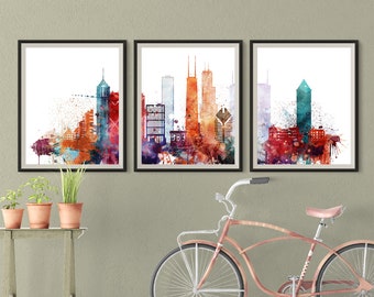 Chicago set of 3 prints, Chicago 3 pieces wall art, triptych of Illinois City skyline wall art Travel Gift Idea Prints Art Office Decor