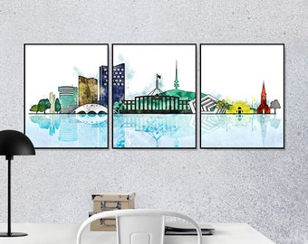 Canberra Set of 3 Skyline Prints,  Australia Downtown Triptych, 3 pieces wall art Travel Gift Idea Wall Prints Art Office Decor