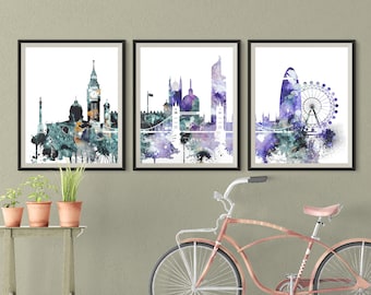 ロンドンのスカイライン プリント 3 枚セット、ロンドン三連画水彩画