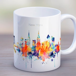 NYC Watercolor Coffee Tea Mug, New York Skyline Cup, Tasse en céramique, Cadeau de voyage Souvenir, Tasse 11oz 
