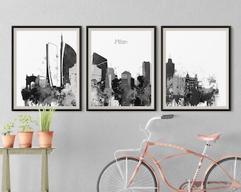 Milan Set of 3 Prints, Black White wall art Prints, Milan Italy Triptych, Europe City Skyline Travel Gift Idea