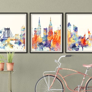 NYC Art Print Set of 3 Skyline New York Triptych Downtown New York Posters 3 pieces Wall Decor Gift Idea Wall Prints Home Office Decor