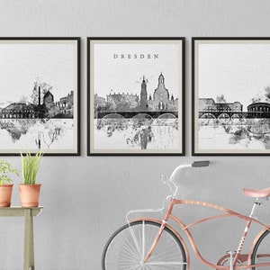 Dresden Set of 3 Posters, Black White Dresden 3 pieces wall art, triptych of Germany skyline wall art Travel Gift Idea Prints Office Decor