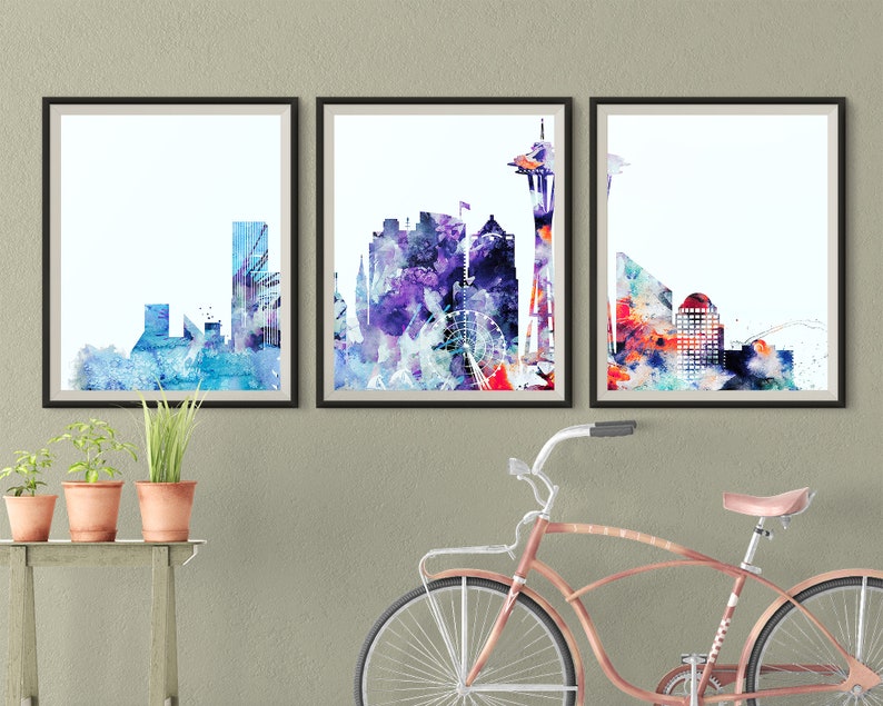 Set Of 3 Seattle Skyline Prints Downtown Triptych Washington Print Pieces Wall Art Travel Gift Idea Office Decor