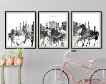 Istanbul set of 3 prints, Black White Triptych of Turkey skyline, Istanbul prints Set of 3 pieces Travel Gift Prints Art Office Decor