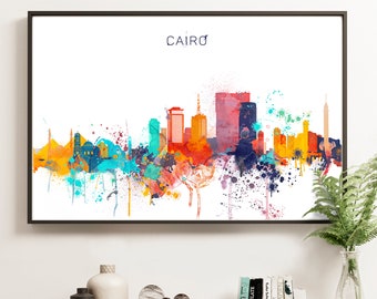 Cairo Skyline Print, Egypt  Poster, Home Decor, Colorful Wall art, Cairo Watercolor Artwork, Typography Travel home decor