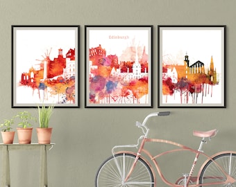 Edinburgh Skyline Watercolor Art Print Set, Scotland Triptych