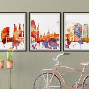 Set of 3 Barcelona prints, Barcelona 3 pieces wall art triptych of Barcelona Spain skyline Travel Gift Idea Prints Art Office Decor