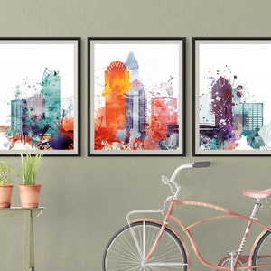 Charlotte set of 3 pieces wall art triptych of North Carolina USA skyline prints Charlotte Set of 3 Travel Gift Prints Art Office Decor