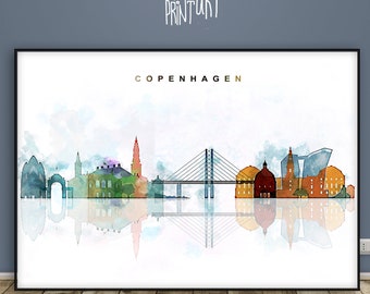 Copenhagen Skyline Print, Denmark Watercolor Art Print, Cityscape, Home Decor