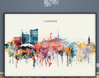 Canberra Print, Watercolor Australia Skyline Poster, Home Decor, Canberra Cityscape Wall Art, Travel Memory Gift