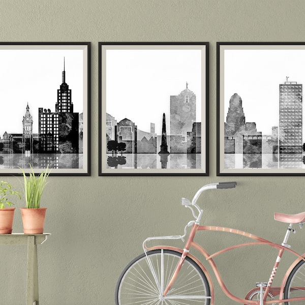 Buffalo NY prints, Buffalo 3 pieces wall art triptych of Buffalo skyline Black White Set of 3 Travel Gift Idea Prints Art Office Decor