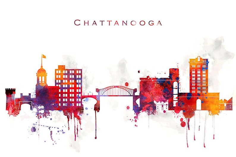 Chattanooga Skyline Print Tennessee City Wall Art Watercolor Etsy