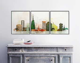 Nairobi prints, Nairobi 3 pieces wall art, Triptych skyline, Set of 3 wall art Kenya, Travel Gift, Africa Prints Art, Office Decor