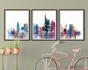 Frankfurt Set of 3 Colorful prints Germany 3 pieces wall art triptych of Europe skyline Travel Gift Idea Office Decor AES0820