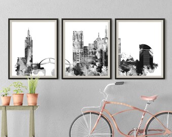 Melbourne Skyline Prints, Black and White Triptych Wall Art