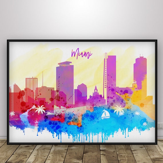 Miami Skyline Poster Florida Print Skyline Wall Art Home Etsy