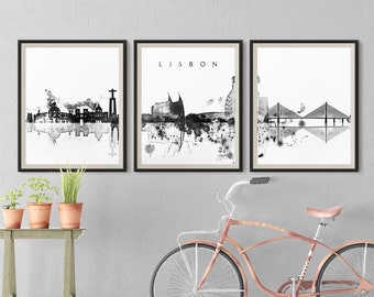 Lisbon Set of 3 prints, Lisbon 3 pieces wall art, Black White triptych of Portugal skyline wall art Travel Gift Idea Prints Office Decor