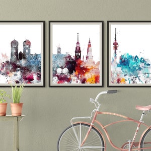 Munich set of 3 prints, Munich 3 pieces wall art, triptych of Munich skyline wall art Travel Gift Idea Germany Prints Art Office Decor