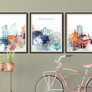 Reykjavik Set of 3 Skyline Prints Iceland Downtown Triptych Scandinavian 3 pieces wall art Travel Gift Idea Wall Prints Art Office Decor