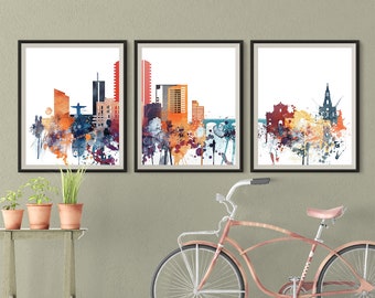 Santiago de Cali set of 3 prints, Cali Colombia 3 pieces wall art, triptych skyline wall art Travel Gift Idea Prints Art Office Decor