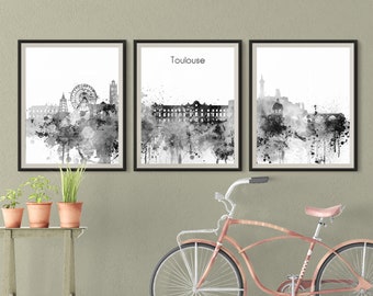 Toulouse Set of 3 prints, Black and White France 3 pieces wall art, Triptych of Toulouse skyline watercolour Travel Gift Idea Prints