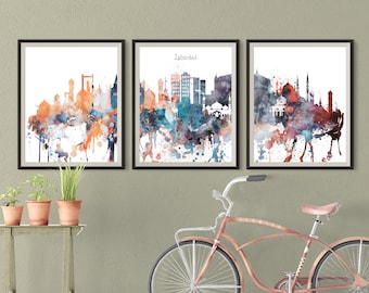 Istanbul set of 3 Watercolor pieces wall art triptych of Turkey skyline Istanbul prints Set of 3 Travel Gift Prints Art Office Decor