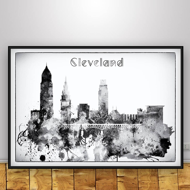 Cleveland print Black White Poster Cleveland skyline print Etsy