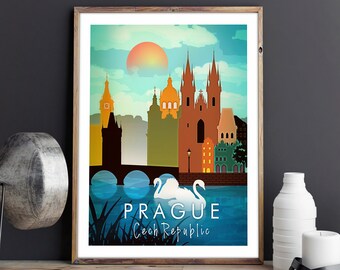 Prague Skyline Art Print - Retro Travel Poster, Czech Republic Wall Decor