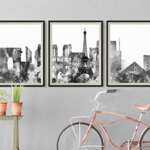 Paris Set of 3 Skyline Black White Prints France Downtown Triptych Paris 3 pieces wall art Travel Gift Idea Wall Prints Art Office Decor