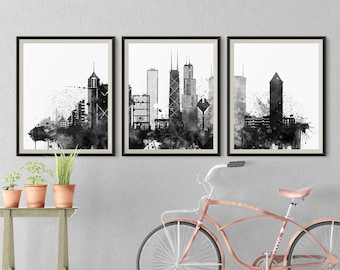 Chicago set of 3 prints Chicago 3 pieces Black White wall art triptych of Illinois City skyline wall Travel Gift Idea Prints Office Decor