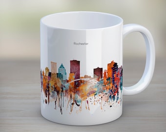 Rochester NY Watercolor Coffee Tea Mug, City in New York Skyline Cup, Ceramic Mug, Souvenir Travel gift, Mug 11oz 