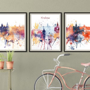 Krakow prints, Krakow 3 pieces wall art triptych of Krakow skyline wall art Poland City Set of 3 Travel Gift Idea Prints Art Office Decor image 1