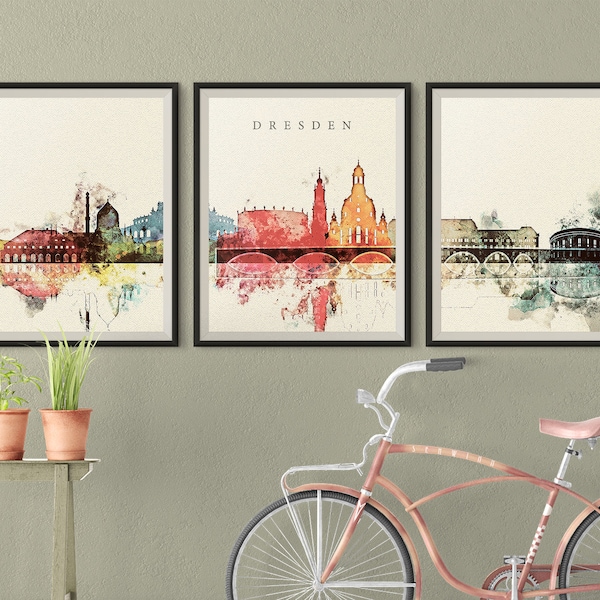 Dresden Set of 3 Posters, Dresden 3 pieces wall art, triptych of Germany skyline wall art Travel Gift Idea Prints Art Office Decor