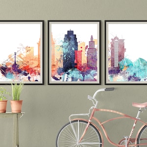 Kansas City set of 3 prints, Missouri 3 pieces wall art, triptych of Kansas City skyline wall art Travel Gift Idea Prints Art Office Decor