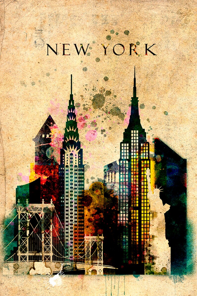 NY City Poster Landmarks NY Print Watercolor Print New York Etsy