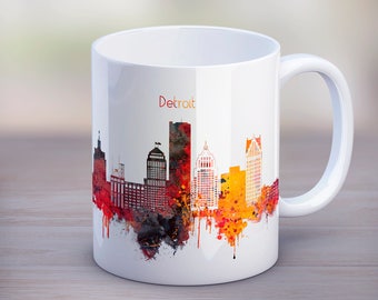 Detroit City Coffee Mug, USA City Mug, Tea Skyline Cup, Watercolor Silhouette, Funny Mug, Kitchen Gift, Travel birthday gift, Mug 11oz 