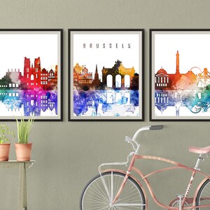 Set of 3 Brussels prints, Brussels 3 pieces wall art triptych of Brussels Belgium skyline Travel Gift Idea Prints Art Office Decor