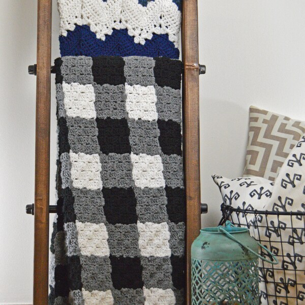 Handmade Crochet Buffalo Check Afghan Blanket in Gray Farmhouse