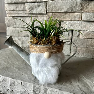 May include: A small metal watering can with a white faux fur beard and a wooden nose. The can is filled with green plants and moss.