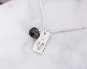 Personalised Sterling Silver Hand Stamped Necklace with Gemstone Charm, Personalised Necklace, Customised gemstone necklace