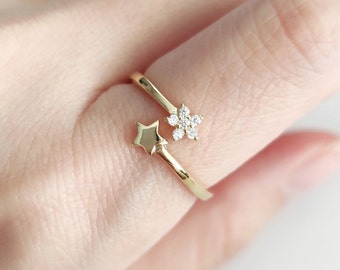 Double Gold Star Ring, Adjustable Ring, Dainty Ring, Gold Ring, Women Rings, Sterling Silver Ring, Minimalist Ring, Open Band ring