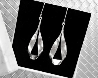 Ribbon Dangle Earrings, Sterling Silver Women Earrings, Drop Earrings, Long Earrings, Silver Earrings, Minimalist Earrings
